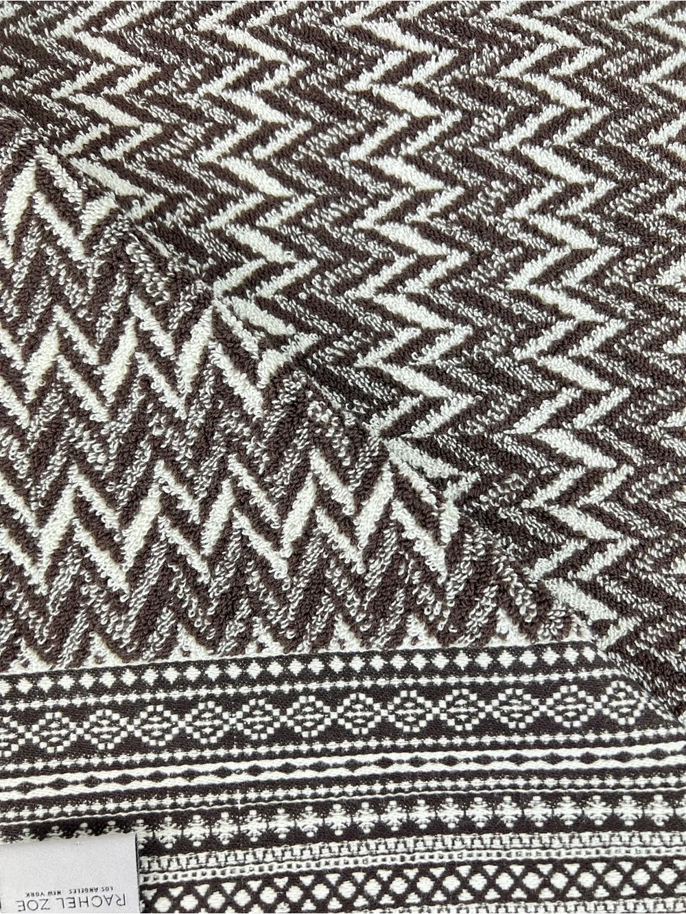 Rachel Zoe Bath Towel Set Brown Cream Zigzag Chevron Soft 100% Cotton 2 Pc NEW